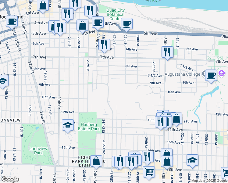 map of restaurants, bars, coffee shops, grocery stores, and more near 849 25th Street in Rock Island