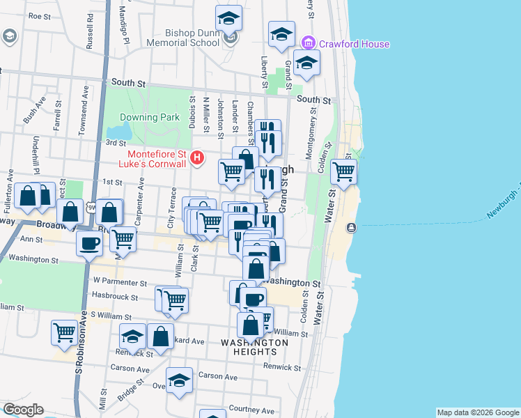 map of restaurants, bars, coffee shops, grocery stores, and more near 175 Liberty Street in Newburgh