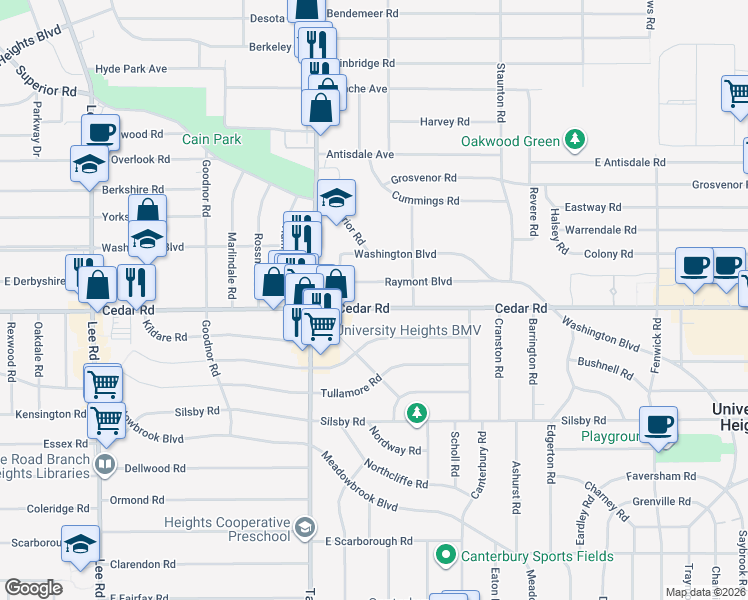 map of restaurants, bars, coffee shops, grocery stores, and more near 13525 Cedar Road in University Heights
