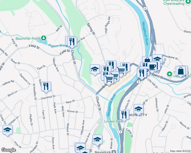 map of restaurants, bars, coffee shops, grocery stores, and more near 75 Crown Street in Naugatuck