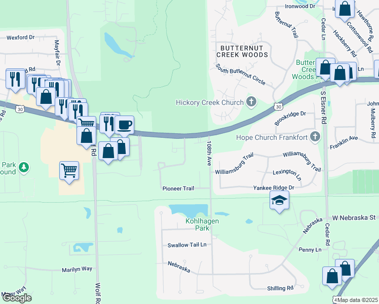 map of restaurants, bars, coffee shops, grocery stores, and more near 21345 Settlers Pond Drive in Frankfort