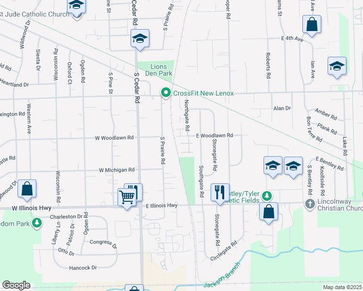map of restaurants, bars, coffee shops, grocery stores, and more near 202 East Woodlawn Road in New Lenox