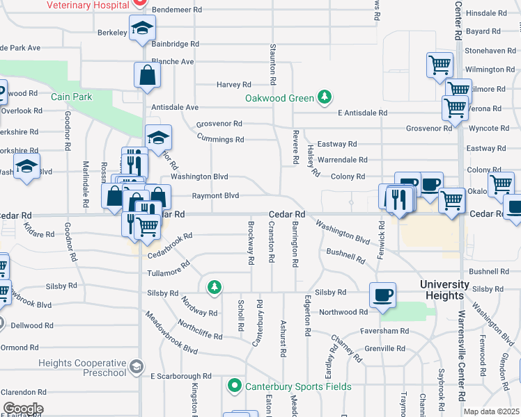 map of restaurants, bars, coffee shops, grocery stores, and more near 13653 Cedar Road in University Heights