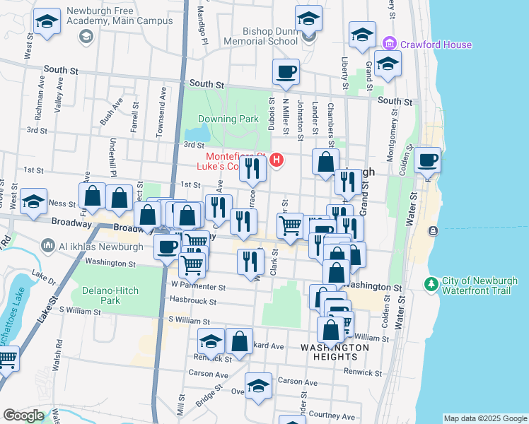 map of restaurants, bars, coffee shops, grocery stores, and more near 35 Dubois Street in Newburgh
