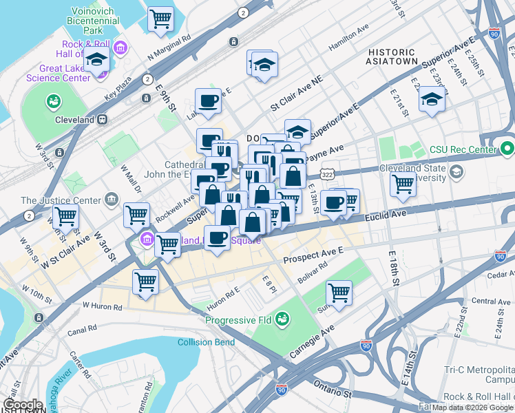 map of restaurants, bars, coffee shops, grocery stores, and more near 999 Chester Avenue in Cleveland