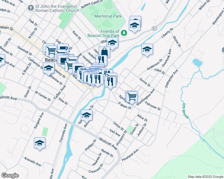 map of restaurants, bars, coffee shops, grocery stores, and more near 36 East Main Street in Beacon
