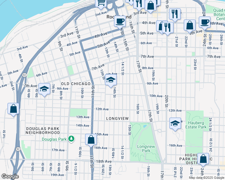 map of restaurants, bars, coffee shops, grocery stores, and more near 930 14th Street in Rock Island