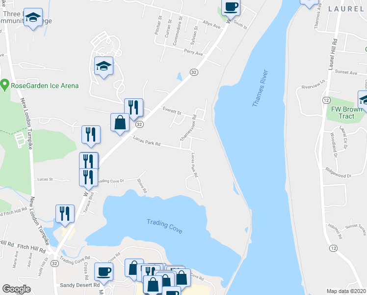 map of restaurants, bars, coffee shops, grocery stores, and more near 56 Lucas Park Road in Norwich