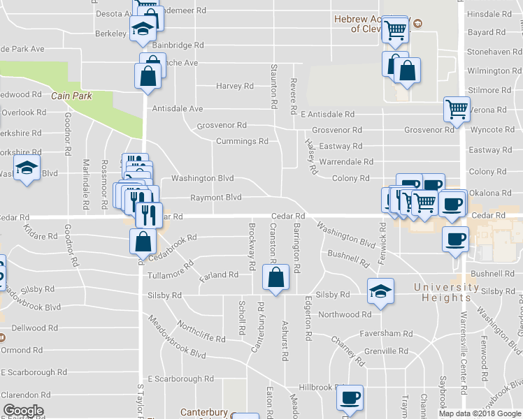 map of restaurants, bars, coffee shops, grocery stores, and more near 13653 Cedar Road in University Heights