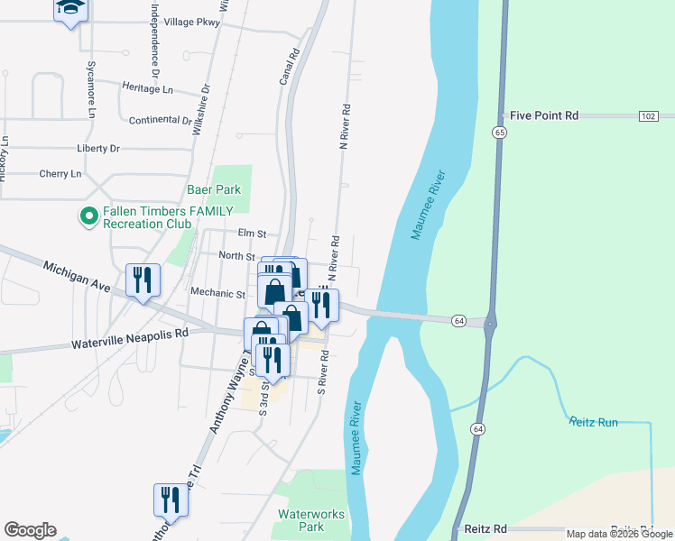 map of restaurants, bars, coffee shops, grocery stores, and more near 144 North River Road in Waterville