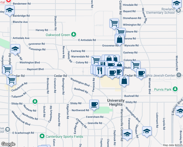 map of restaurants, bars, coffee shops, grocery stores, and more near 13829 Cedar Road in South Euclid