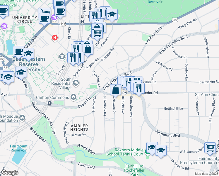 map of restaurants, bars, coffee shops, grocery stores, and more near 2330 Euclid Heights Boulevard in Cleveland