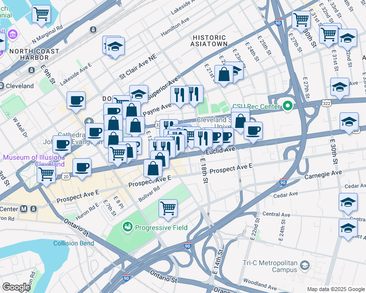 map of restaurants, bars, coffee shops, grocery stores, and more near 1621 Euclid Avenue in Cleveland