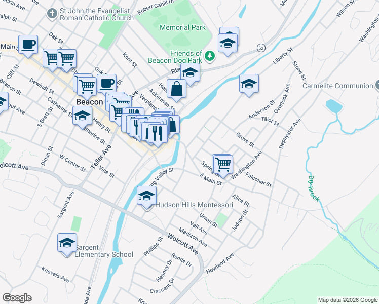 map of restaurants, bars, coffee shops, grocery stores, and more near 36 East Main Street in Beacon