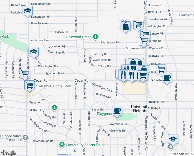 map of restaurants, bars, coffee shops, grocery stores, and more near 13777 Cedar Road in South Euclid