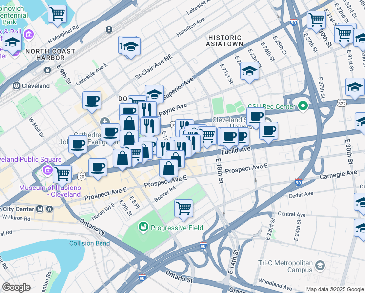 map of restaurants, bars, coffee shops, grocery stores, and more near 1375 Euclid Avenue in Cleveland