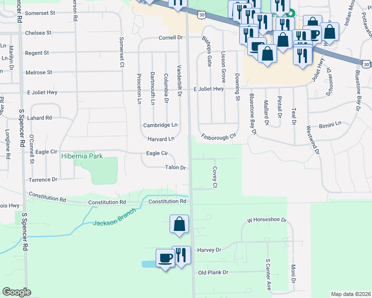 map of restaurants, bars, coffee shops, grocery stores, and more near 703 South Schoolhouse Road in New Lenox