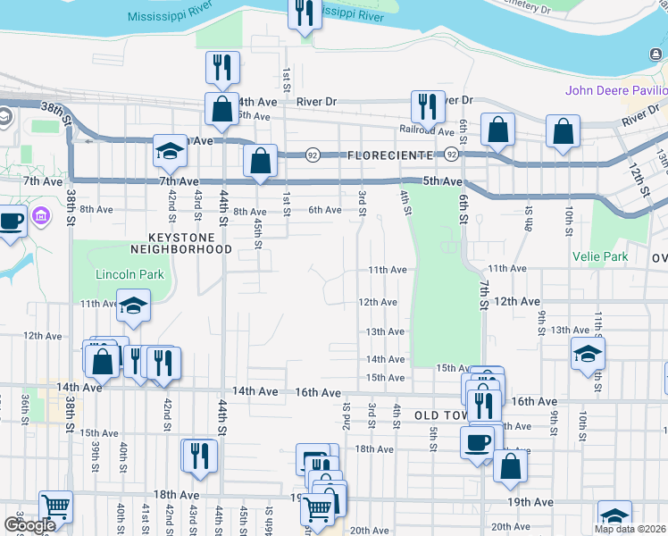 map of restaurants, bars, coffee shops, grocery stores, and more near 221 11th Avenue in Moline