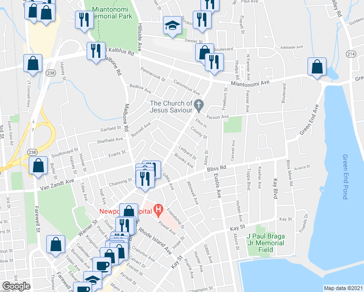 map of restaurants, bars, coffee shops, grocery stores, and more near 421 Broadway in Newport