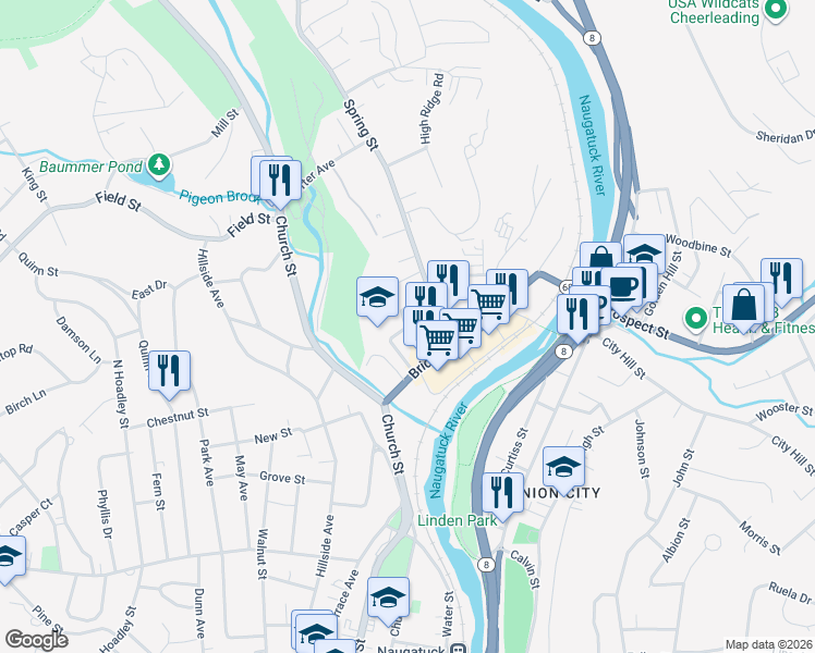 map of restaurants, bars, coffee shops, grocery stores, and more near 75 Crown Street in Naugatuck