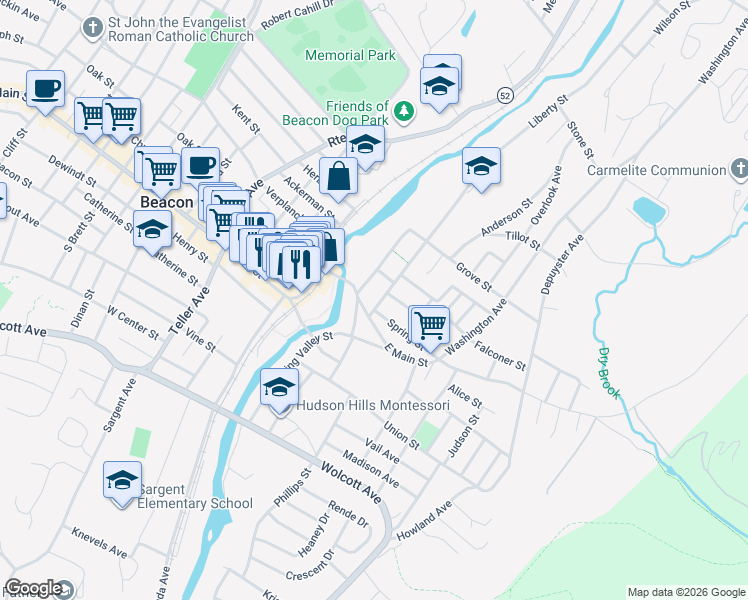 map of restaurants, bars, coffee shops, grocery stores, and more near 28 Liberty Street in Beacon