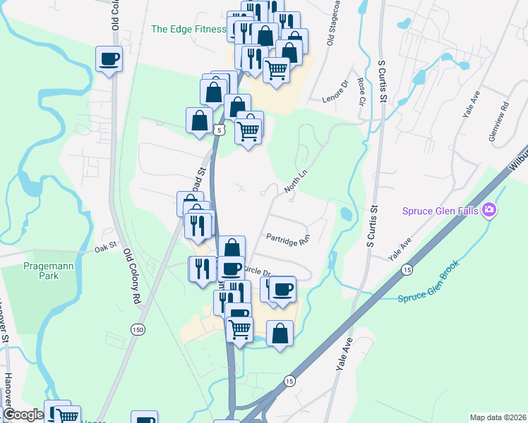 map of restaurants, bars, coffee shops, grocery stores, and more near 20 North Lane in Wallingford