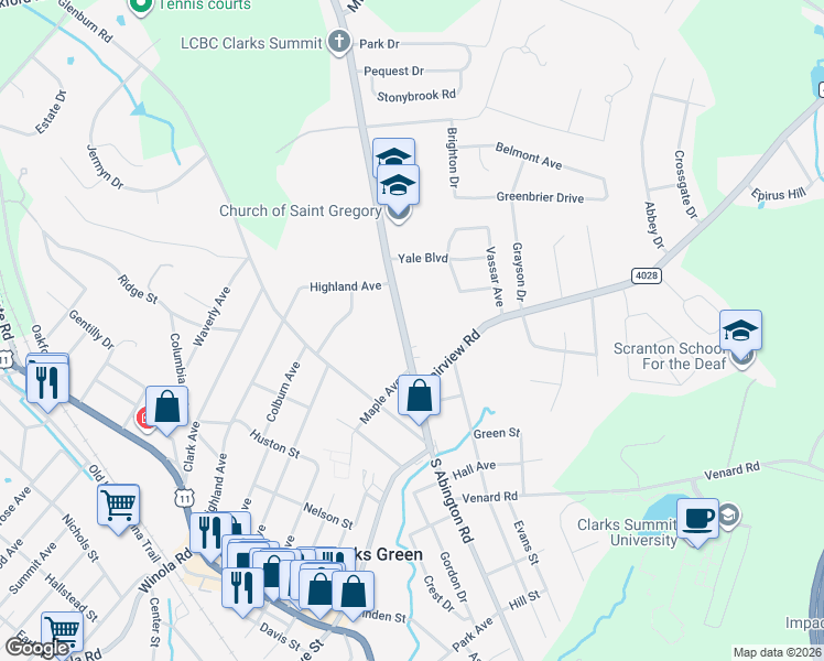 map of restaurants, bars, coffee shops, grocery stores, and more near 220 North Abington Road in Clarks Green