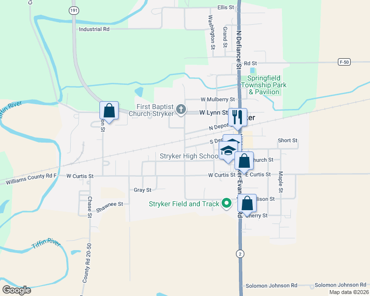 map of restaurants, bars, coffee shops, grocery stores, and more near 211 South Depot Street in Stryker