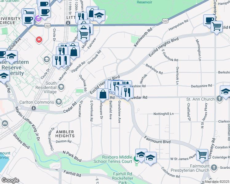 map of restaurants, bars, coffee shops, grocery stores, and more near 2105 Lennox Road in Cleveland Heights