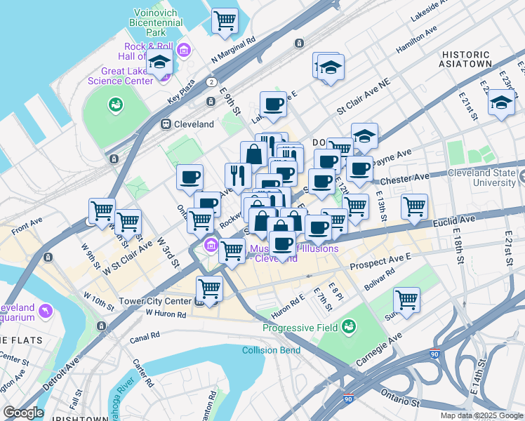 map of restaurants, bars, coffee shops, grocery stores, and more near 1455 East 6th Street in Cleveland