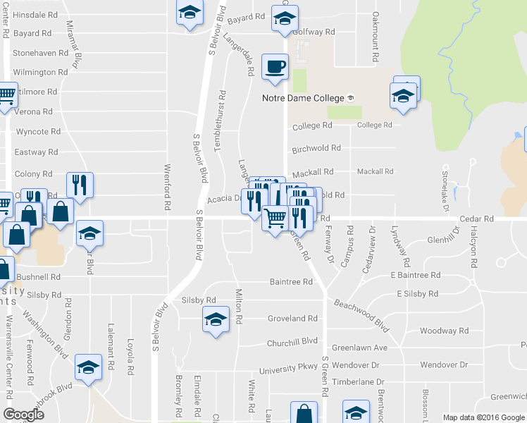 map of restaurants, bars, coffee shops, grocery stores, and more near 14419 Cedar Road in South Euclid
