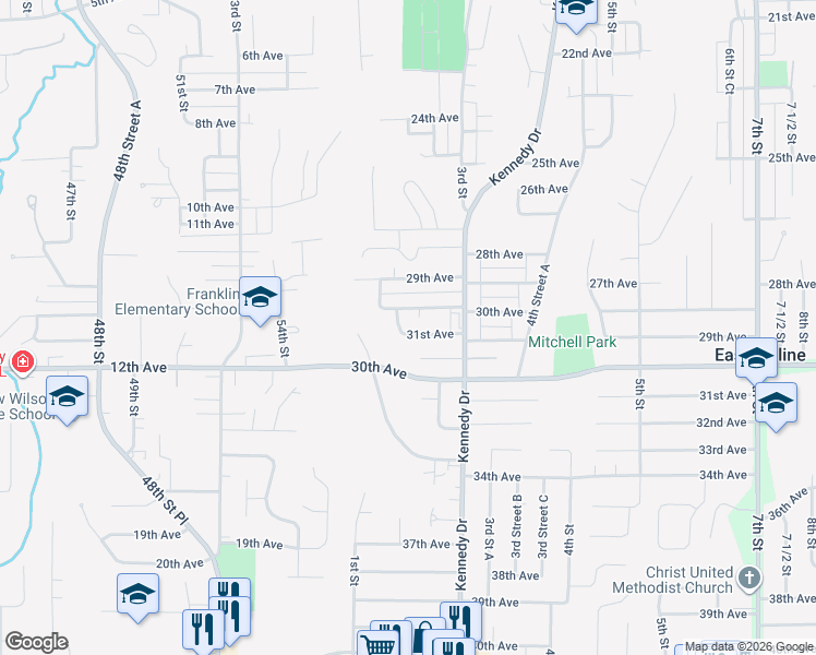 map of restaurants, bars, coffee shops, grocery stores, and more near 240 30th Avenue in East Moline