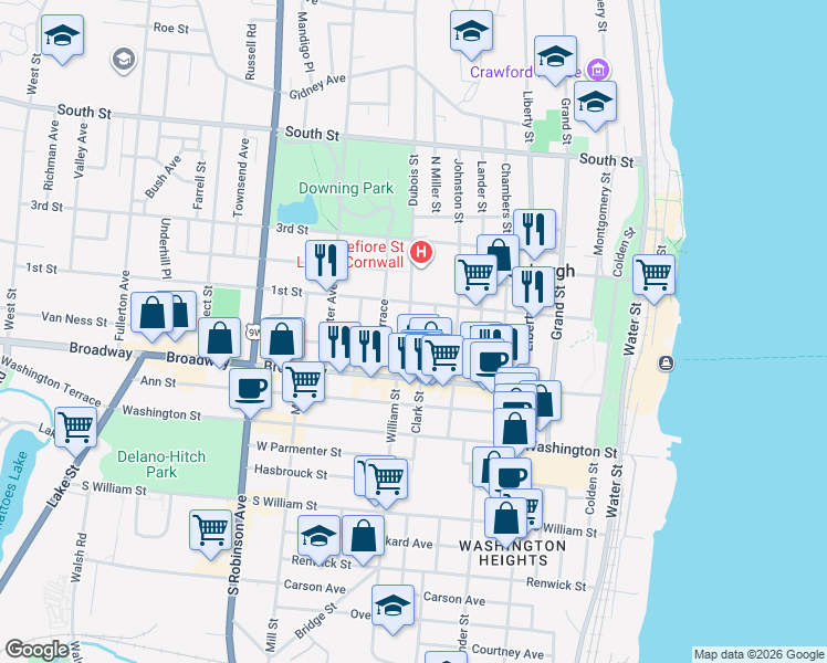 map of restaurants, bars, coffee shops, grocery stores, and more near 38 Dubois Street in Newburgh