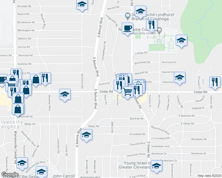 map of restaurants, bars, coffee shops, grocery stores, and more near 14373 Cedar Road in South Euclid