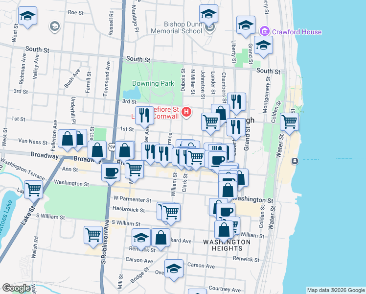 map of restaurants, bars, coffee shops, grocery stores, and more near 38 Dubois Street in Newburgh