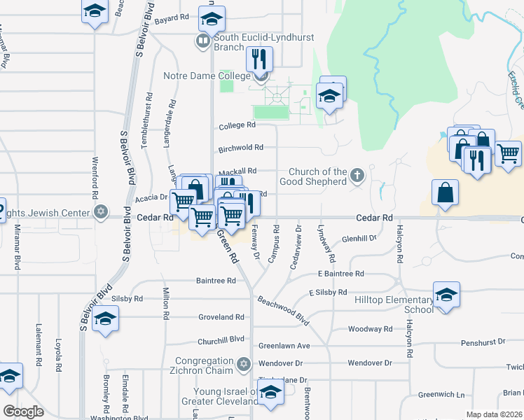 map of restaurants, bars, coffee shops, grocery stores, and more near 14537 Cedar Road in Beachwood