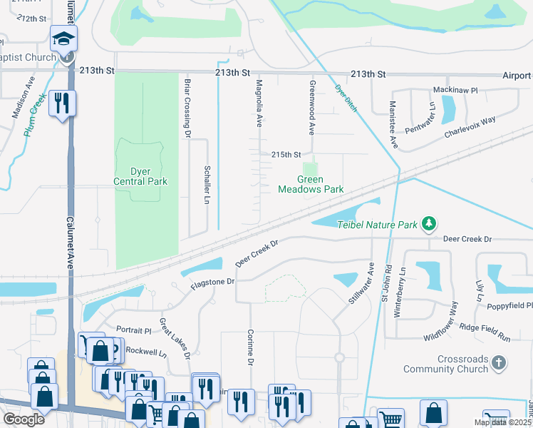 map of restaurants, bars, coffee shops, grocery stores, and more near 1608-1622 Magnolia Ave in Dyer