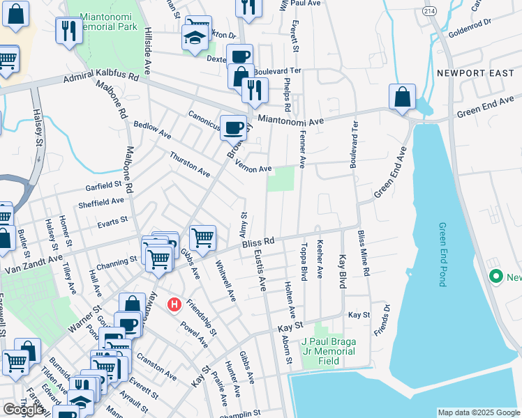 map of restaurants, bars, coffee shops, grocery stores, and more near 24 Freeborn Street in Newport