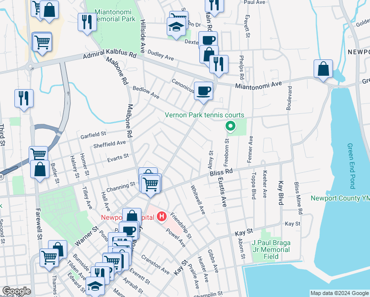 map of restaurants, bars, coffee shops, grocery stores, and more near 437 Broadway in Newport