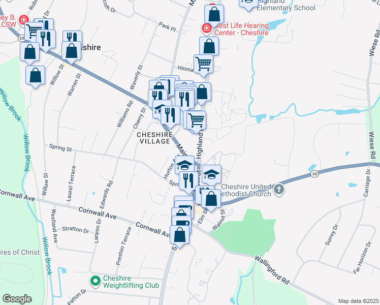 map of restaurants, bars, coffee shops, grocery stores, and more near 111 Highland Avenue in Cheshire