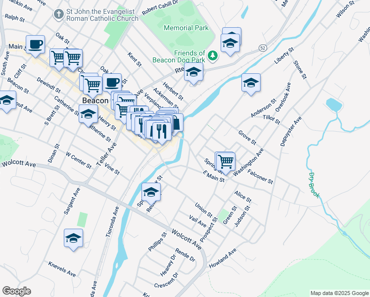 map of restaurants, bars, coffee shops, grocery stores, and more near 19 East Main Street in Beacon