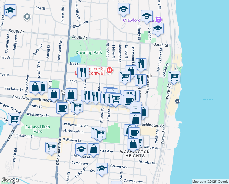 map of restaurants, bars, coffee shops, grocery stores, and more near 47 South Miller Street in Newburgh