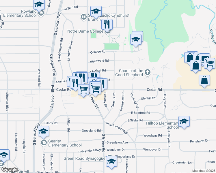 map of restaurants, bars, coffee shops, grocery stores, and more near 2122 Campus Road in Cleveland