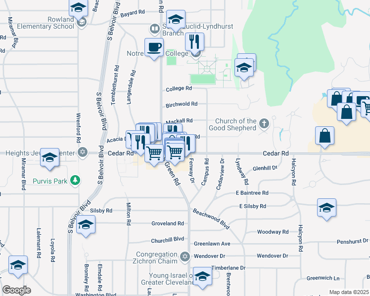 map of restaurants, bars, coffee shops, grocery stores, and more near 4512 Greenwold Road in South Euclid