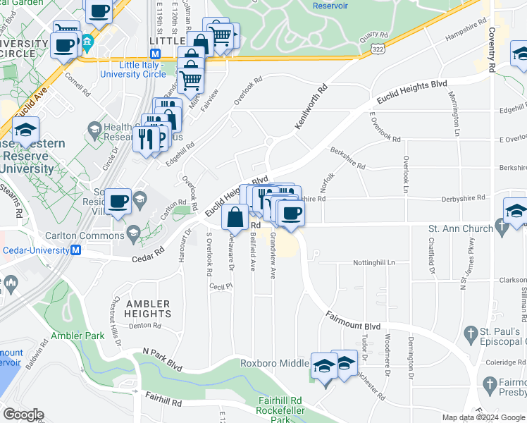 map of restaurants, bars, coffee shops, grocery stores, and more near 2105 Lennox Road in Cleveland Heights