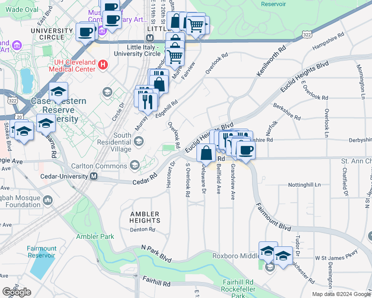map of restaurants, bars, coffee shops, grocery stores, and more near 2330 Euclid Heights Boulevard in Cleveland