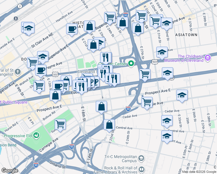 map of restaurants, bars, coffee shops, grocery stores, and more near 2121 Euclid Avenue in Cleveland