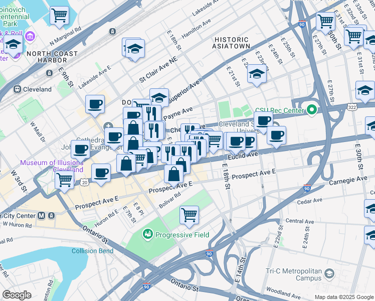 map of restaurants, bars, coffee shops, grocery stores, and more near 1901 East 13th Street in Cleveland
