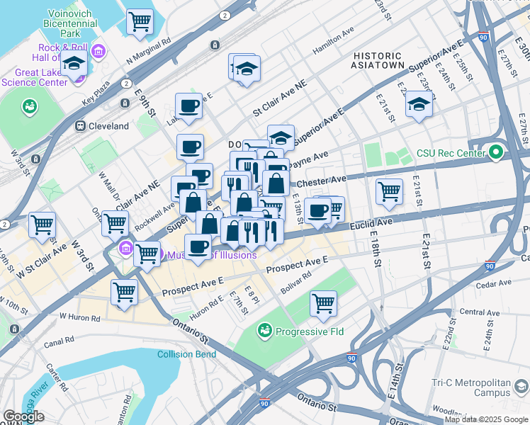 map of restaurants, bars, coffee shops, grocery stores, and more near 1717 East 12th Street in Cleveland
