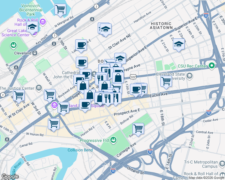 map of restaurants, bars, coffee shops, grocery stores, and more near 1717 East 12th Street in Cleveland